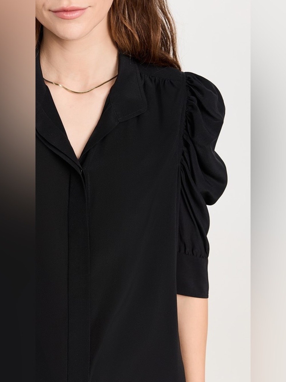 Frame Denim Gillian Silk Black Puff Sleeve Blouse - Picture 3 of 12